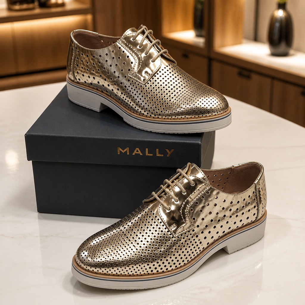 Mally Women’s Metallic Gold Soft Leather Perforated Derby Comfort Summer Shoes